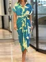 Women Floral Half Sleeve Summer Printing Dress Shirt Collar Daily Vintage Maxi Hip Skirt A-Line Dress