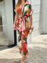 Women Floral Half Sleeve Summer Printing Dress Shirt Collar Daily Vintage Maxi Hip Skirt A-Line Dress