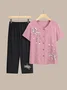 Women Floral Embroidery Two-Piece Set Daily Half Sleeve Casual Summer Top With Pants Matching Set