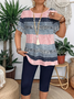 Women Abstract Printing Two-Piece Set Daily Short Sleeve Casual Summer Top With Pants Matching Set