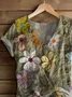 Women Floral Short Sleeve Tee T-shirt V Neck Printing Casual Summer Graphic Tee Top