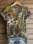 Women Floral Short Sleeve Tee T-shirt V Neck Printing Casual Summer Graphic Tee Top