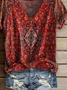 Women Floral Short Sleeve Tee T-shirt V Neck Printing Casual Summer Graphic Tee Top