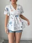 Women Plain Short Sleeve Tee T-shirt V Neck Embroidery Casual Summer Tunic Top