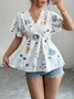 Women Plain Short Sleeve Tee T-shirt V Neck Embroidery Casual Summer Tunic Top