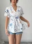 Women Plain Short Sleeve Tee T-shirt V Neck Embroidery Casual Summer Tunic Top