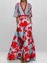 Women Floral Short Sleeve Summer Printing Dress V Neck Daily Vintage Maxi Tank A-Line Dress