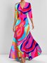 Women Floral Short Sleeve Summer Printing Dress V Neck Daily Vintage Maxi Tank A-Line Dress