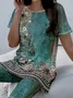 Women Floral Printing Two-Piece Set Daily Short Sleeve Casual Summer Top With Pants Matching Set