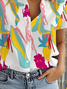 Women Abstract Short Sleeve Shirt Summer Printing Shirt Collar Daily Casual Top