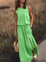 Women Plain Sleeveless Summer Split Joint Dress Crew Neck Daily Vintage Maxi Tank A-Line Dress