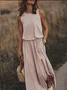 Women Plain Sleeveless Summer Split Joint Dress Crew Neck Daily Vintage Maxi Tank A-Line Dress
