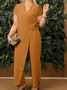 Women Plain V Neck Half Sleeve Casual Summer Cotton Jumpsuit