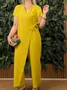 Women Plain V Neck Half Sleeve Casual Summer Cotton Jumpsuit