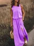 Women Plain Sleeveless Summer Split Joint Dress Crew Neck Daily Vintage Maxi Tank A-Line Dress