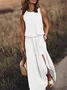 Women Plain Sleeveless Summer Split Joint Dress Crew Neck Daily Vintage Maxi Tank A-Line Dress