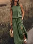 Women Plain Sleeveless Summer Split Joint Dress Crew Neck Daily Vintage Maxi Tank A-Line Dress