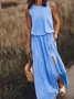 Women Plain Sleeveless Summer Split Joint Dress Crew Neck Daily Vintage Maxi Tank A-Line Dress