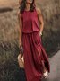 Women Plain Sleeveless Summer Split Joint Dress Crew Neck Daily Vintage Maxi Tank A-Line Dress