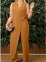 Women Plain V Neck Half Sleeve Casual Summer Cotton Jumpsuit