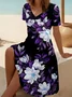 Women Floral Short Sleeve Summer Printing Dress V Neck Daily Casual Midi Fit & Flare Dress A-Line Dress