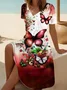 Women Floral Short Sleeve Summer Printing Dress V Neck Daily Casual Midi Fit & Flare Dress A-Line Dress