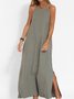 Women Plain Sleeveless Summer Split Joint Dress Crew Neck Daily Vintage Maxi Tank A-Line Dress