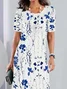 Women Floral Short Sleeve Summer Printing Dress Crew Neck Daily Vintage Midi Tunic H-Line Dress