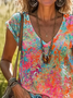 Women Abstract Short Sleeve Tee T-shirt V Neck Printing Casual Summer Graphic Tee Top