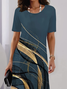 Women Abstract Short Sleeve Summer Printing Dress Crew Neck Daily Vintage Midi Tunic H-Line Dress