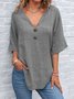 Women Plain Half Sleeve Blouse Summer V Neck Daily Vintage Top