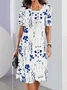 Women Floral Short Sleeve Summer Printing Dress Crew Neck Daily Vintage Midi Tunic H-Line Dress