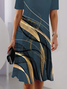 Women Abstract Short Sleeve Summer Printing Dress Crew Neck Daily Vintage Midi Tunic H-Line Dress