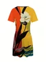 Women Abstract Short Sleeve Summer Dress V Neck Daily Casual Midi Fit & Flare Dress A-Line Dress