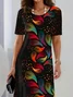 Women Abstract Short Sleeve Summer Printing Dress Crew Neck Daily Vintage Midi Tunic H-Line Dress