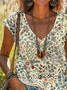 Women Floral Short Sleeve Tee T-shirt V Neck Printing Casual Summer Graphic Tee Top
