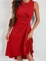 Women Plain Sleeveless Summer Split Joint Dress Crew Neck Daily Vintage Midi Tank A-Line Dress