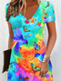 Women Floral Short Sleeve Summer Dress V Neck Daily Casual Midi Fit & Flare Dress A-Line Dress