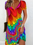 Women Abstract Short Sleeve Summer Dress V Neck Daily Casual Midi Fit & Flare Dress A-Line Dress