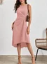 Women Plain Sleeveless Summer Split Joint Dress Crew Neck Daily Vintage Midi Tank A-Line Dress