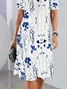 Women Floral Short Sleeve Summer Printing Dress Crew Neck Daily Vintage Midi Tunic H-Line Dress