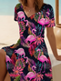 Women Flamingo Short Sleeve Summer Printing Dress V Neck Daily Casual Midi Fit & Flare Dress A-Line Dress