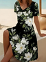 Women Floral Short Sleeve Summer Printing Dress V Neck Daily Casual Midi Fit & Flare Dress A-Line Dress
