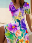 Women Floral Short Sleeve Summer Printing Dress V Neck Daily Casual Midi Fit & Flare Dress A-Line Dress