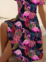 Women Flamingo Short Sleeve Summer Printing Dress V Neck Daily Casual Midi Fit & Flare Dress A-Line Dress