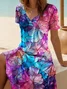 Women Floral Short Sleeve Summer Printing Dress V Neck Daily Casual Midi Fit & Flare Dress A-Line Dress