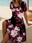 Women Floral Short Sleeve Summer Printing Dress V Neck Daily Casual Midi Fit & Flare Dress A-Line Dress