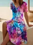 Women Floral Short Sleeve Summer Printing Dress V Neck Daily Casual Midi Fit & Flare Dress A-Line Dress