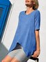 Women Plain Short Sleeve Shirt Summer Split Joint Crew Neck Daily Casual Top