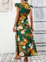 Women Plain Short Sleeve Summer Printing Dress V Neck Ruffle Sleeve Daily Vintage Maxi Tank A-Line Dress